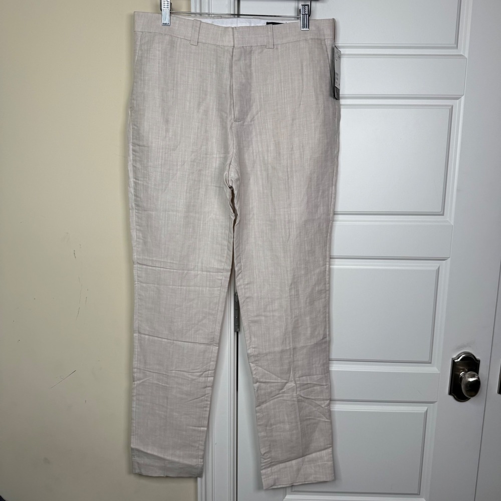H&M Linen Blend Dress Pants Mens 33R (33/32) Beige Flat Front Summer Trouser NWT